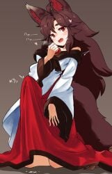 animal_ears bare_shoulders brooch brown_hair dress erection female futanari highres imaizumi_kagerou jewelry long_hair looking_at_viewer off-shoulder_dress off_shoulder open_mouth red_eyes solo tail touhou uisu_(noguchipint) wide_sleeves wolf_ears wolf_girl wolf_tail