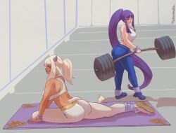 2023 2girls alternate_hairstyle altina_(fire_emblem) artist_name ash_(fire_emblem) ass big_ass blonde_hair blue_eyes dark-skinned_female dark_skin ear_piercing earrings female female_only fire_emblem fire_emblem:_radiant_dawn fire_emblem_heroes fluffy_ears gym gym_uniform hime_cut horns indoors large_breasts long_hair looking_at_viewer nintendo ponytail purple_hair stretching takomata very_long_hair watermark weightlifting weights