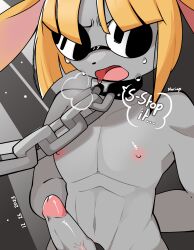 angry bondage bunny_ears chains collar collarbone dubious_consent male male_only noriap penis solo_focus tears text