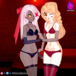 2demons 2girls blonde_hair bow_ribbon charlie_morningstar_(hazbin_hotel) commission demon demon_girl hazbin_hotel igneuzz multiple_girls nsfw one_eye tagme vaggie_(hazbin_hotel) white_hair yuri