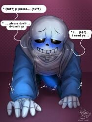 blush blush blushing_at_viewer breathing_heavily bulge bulge_through_clothing dialogue ectopenis fallen_ghost_angel_(artist) heart-shaped_pupils hoodie looking_at_viewer on_hands_and_knees sans simple_background undertale