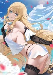 1girls bare_shoulders bare_thighs belly blonde_hair blue_eyes breasts drill_hair ev_(dai00888) female genshin_impact looking_at_viewer navia_(genshin_impact) sideboob smile solo_female thick_thighs thighhighs thighs tongue tongue_out