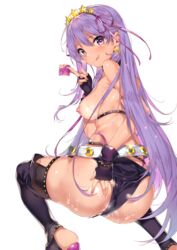 1girls bangs bb_(fate) bb_(swimsuit_mooncancer) belt bikini_bottom black_legwear blush breasts commentary_request condom cum cum_on_ass cum_on_body earrings fate/grand_order fate_(series) female fingerless_gloves fingernails from_behind gloves hair_between_eyes hand_on_own_ass headband highres holding jewelry large_breasts long_hair looking_at_viewer looking_back nipples purple_eyes purple_hair solo star swimsuit tan tanline tongue tongue_out yuran