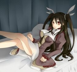 black_hair large_breasts lying_on_bed mayo_chiki! red_eyes sfw skirt_lift suzutsuki_kanade