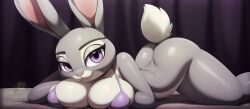 ai_generated anthro arms_crossed bottomless breasts_squeezed_together bunny_girl disney female halfaslime judy_hopps laying_on_bed laying_on_stomach looking_at_viewer pink_swimsuit solo violet_eyes