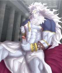 abeberries balls bara beard blush boner closed_eyes clothing erection facial_hair fate/grand_order fate_(series) long_hair male male_only masturbation muscles muscular penis solo solo_male white_body white_hair white_skin zeus_(fate)