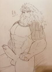 balls bara beard big_penis boner erection facial_hair fate/grand_order fate_(series) long_hair male male_only monochrome muscles muscular pantsless penis solo solo_male traditional_media_(artwork) zeus_(fate) zong_kidd