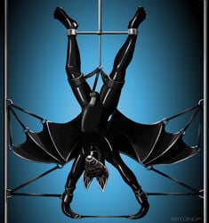 balls bat blue_background bodysuit bondage bound chastity chastity_cage clothing corfide encasement fully_bound gas_mask hi_res hood male mammal mask mitokep rubber simple_background solo submissive submissive_male suspension tight_clothing upside-down wing_bondage