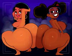 2girls afro_puffs ass ass_focus ass_to_ass back_view bedroom_eyes big_ass big_booty big_breasts big_butt big_lips black_hair bottom_heavy breasts bubble_ass bubble_butt butt_to_butt camera camera_view casey_calderon completely_nude completely_nude_female crouching dark-skinned_female dark_skin disney disney_channel duo earrings fat_ass fuck_me_eyes gigantic_ass glasses grin hands_behind_head huge_ass huge_butt large_ass latina looking_at_viewer lunella_lafayette marvel massive_ass moon_girl moon_girl_and_devil_dinosaur nude nude_female ota_(artist) plump_ass plump_lips rear_view seductive_look seductive_smile smile smiling_at_viewer squatting thick_ass thick_lips