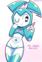 1girls black_eyes blue_and_white_striped_panties disfigure female female_only hoodie jenny_wakeman legwear my_life_as_a_teenage_robot nickelodeon panties robot robot_girl robot_humanoid solo solo_female twintails underwear white_body white_skin xj-9