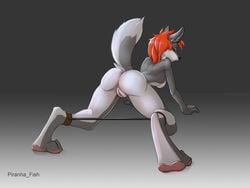 2018 all_fours anthro ass bondage breasts canine female femsub fur grey_fur hair looking_back mammal nipples nude piranha_fish presenting presenting_hindquarters pussy raised_tail rear_view red_hair simple_background solo spreader_bar wolf