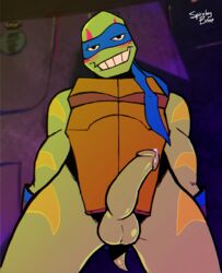 anthro balls erection genital_fluids leonardo leonardo_(tmnt) male male_only penis precum reptile rise_of_the_teenage_mutant_ninja_turtles scalie solo spiceboybebop teenage_mutant_ninja_turtles turtle