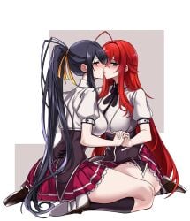 2girls :o absurdres ahoge akeno_himejima aqua_eyes ascot ass asymmetrical_docking back bare_shoulders black_ascot black_hair blush breast_press breasts cleavage curvy dogs_(dlrkdejr26) full_body high_ponytail high_school_dxd highres holding_hands imminent_kiss kuoh_academy_school_uniform large_breasts long_hair looking_at_viewer miniskirt multiple_girls parted_lips pleated_skirt red_eyes red_hair red_skirt rias_gremory ribbon school_uniform serafuku shirt shoes sideboob sitting skirt soles thighs very_long_hair wariza white_shirt yellow_ribbon yuri