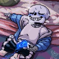 after_sex blush closed_eyes cum ectopenis ectoplasm fallen_ghost_angel_(artist) hoodie male penis pixel_art sans shorts undertale