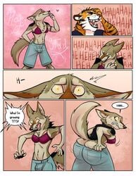 2018 anthro ass blue_eyes bra breasts bubbeh butt_expansion canine clothed clothing comic coyote crossdressing dickgirl digital_media_(artwork) duo feline fur gender_transformation intersex karnal male mammal mtf_transformation nipple_bulge orange_fur shocked tan_fur text tiger transformation underwear zeek