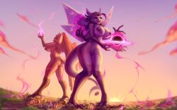 absurd_res admiralobster anthro breasts brown_nipples building_destruction city_destruction cloud duo eyelashes female genitals hi_res humanoid_genitalia humanoid_pussy leg_markings macro magic_user markings narrowed_eyes nipples nude open_mouth orange_body orange_breasts outside purple_body purple_breasts purple_nipples pussy sky socks_(marking) standing