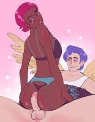 1boy 1girls balls blue_eyes blue_hair blush dark-skinned_female erection female_on_top flash_sentry friendship_is_magic imminent_sex interracial light-skinned_male lingerie looking_at_penis my_little_pony penis_against_ass red_hair scar straight tempest_shadow_(mlp) wings