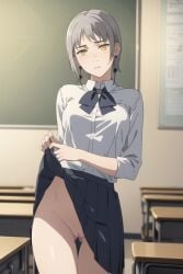 ai_generated bowtie chainsaw_man chalkboard classroom desk earrings fami_(chainsaw_man) grey_hair looking_at_viewer moles partially_nude pussy school_uniform showing_pussy skirt skirt_lift thighs yellow_eyes