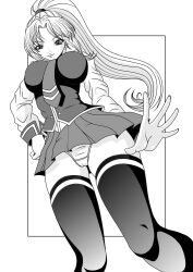 bible_black breasts cameltoe female hand_on_own_hip highres large_breasts long_hair monochrome panties pantyshot ponytail pyramid_house saeki_kaori school_uniform skirt underwear very_long_hair white_background wide_hips