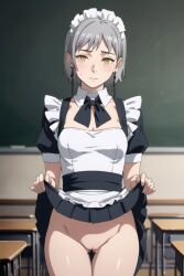 ai_generated blush chainsaw_man chalkboard classroom desk earrings embarrassed fami_(chainsaw_man) grey_hair looking_at_viewer maid_headdress maid_uniform moles partially_nude pussy showing_pussy skirt skirt_lift thighs yellow_eyes