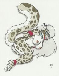 2004 anthro ball_gag bondage bound bound_ankles bound_arms breasts collar feline female furry gag gagged ironbadger laying_on_side leopard long_hair long_hair_female nipples rope rope_bondage snow_leopard solo solo_female spotted_body spotted_fur spotted_markings whiskers