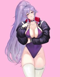 1girls alternate_costume artist_name blush breasts cleavage closed_mouth commentary contemporary english_commentary female female female_only fire_emblem fire_emblem:_genealogy_of_the_holy_war hair_between_eyes head_tilt highleg highleg_swimsuit ishtar_(fire_emblem) jacket large_breasts long_hair long_sleeves meziosaur nintendo one-piece_swimsuit open_clothes open_jacket pink_background ponytail purple_eyes purple_hair purple_one-piece_swimsuit sidelocks simple_background solo swimsuit thighhighs very_long_hair white_thighhighs