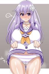 2023 ass_visible_through_thighs big_breasts blush breasts cameltoe choker clothed compile_heart d-pad_hair_ornament front_view idea_factory lifted_by_self light-skinned_female long_hair looking_away nepgear neptunia_(series) panties pink_hair presenting purple_eyes purple_hair shy simeji_jimejime solo sweat thighs