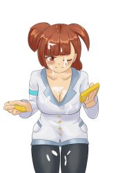 1girls atari_(puyo_puyo) bakudon big_breasts blush breasts clothed cum cum_on_body cum_on_breasts cum_on_face cum_on_hair cum_on_thighs one_eye_closed puyo_puyo puyo_puyo_quest smile