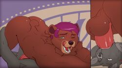 16:9 69_position ambiguous_gender animated anthro ash_bearfox ball_slap balls_focus bear blowjob brown_body brown_fur canid canine cutaway deep_throat duo ear_piercing ear_ring facial_piercing fangs fellatio fur fuzzamorous glistening glistening_body grey_body grey_fur hair irrumatio licking licking_lips looking_pleasured male male/male mammal nose_piercing oral original original_character penile piercing purple_hair ring_piercing septum_piercing sex short_playtime slap teeth throat_swabbing tongue tongue_out tongue_out_blowjob widescreen