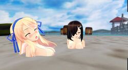 2018 2girls alternate_hairstyle asuka_(senran_kagura) barrel beach big_breasts black_hair blonde_hair blue_ribbon blush breast breasts closed_eyes hair_ornament head_tilt in-game katsuragi_(senran_kagura) marvelous moaning mod mud multiple_girls nipples open_mouth pleasure_face poser quicksand senran_kagura senran_kagura_peach_beach_splash sideboob sinking tamsoft topless video_game yellow_eyes