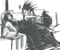 1boy 1boy1girl 1girls bare_legs barefoot bleach bleach:_the_thousand-year_blood_war clothed duo foreplay hand_on_another's_head leg_lift mature_female milf mugen_taichou open_mouth spiked_hair straight taller_male unohana_retsu zaraki_kenpachi