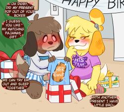 1boy 1girls absurd_res animal_crossing anthro banner bedroom_eyes birthday blush blush_lines boxers_(clothing) breasts brother brother_and_sister brown_body brown_fur canid canine christmas christmas_tree clothed clothing crushpepper dialogue digby_(animal_crossing) domestic_dog embarrassed english_text female footwear fur genitals gift gift_box hearts hi_res holidays incest incestuous_desire isabelle_(animal_crossing) kneeling looking_at_another male mammal matching_shirts nintendo on_knees penis penis_through_fly plant present seductive_eyes seductive_look shiba_inu shirt sibling_(lore) sister smile smug smug_face socks speech_bubble tagme tail tail_motion tailwag tree twins twins_(lore) underwear yellow_body yellow_fur