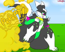 black_fur digimon fart fart_fetish farting green_fur green_gloves green_markings green_nose hazard_(kaithedumbass02) huge_ass huge_butt hybrid lilwuffler_(artist) purple_gloves renamon skunk sticking_out_tongue thick_thighs white_fur yellow_fart yellow_fur yellow_markings