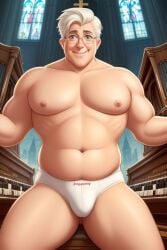 ai_generated bara bara_tits belly bulge chubby church cross daddy gay glasses gordon_the_organist looking_at_viewer male_only older_male organist overweight_male pipe_organ posing smiling stable_diffusion tighty_whities underpants underwear