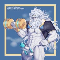 balls bara beard boner dumbbell erection exercise facial_hair fate/grand_order fate_(series) long_hair male male_only muscles muscular musk pantsless penis solo solo_male sweat sweating weightlifting white_body white_hair white_skin yaekaidou zeus_(fate)