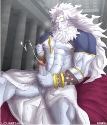 abeberries balls bara beard blush boner closed_eyes clothing cum erection facial_hair fate/grand_order fate_(series) long_hair male male_only masturbation muscles muscular orgasm penis solo solo_male white_body white_hair white_skin zeus_(fate)