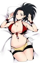 1girls 2d artist_name bikini bikini_top black_eyes black_hair female female_only huge_breasts large_breasts light-skinned_female light_skin long_hair lying_on_bed momo_yaoyorozu my_hero_academia pale-skinned_female pale_skin pillow ponytail relaxjon shorts simple_background solid_color_background solo tight_clothing tight_fit watermark wristband yaoyorozu_momo