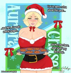 aurora_chase_(dugg_dig) big_breasts blonde_hair blue_eyes christmas christmas_outfit cleavage cookie curvaceous curvy dialogue dugg_dig green_eyes heterochromia hips holding_tray holidays lips milf mistletoe neckwear oc santa_hat seductive seductive_eyes seductive_smile self_upload