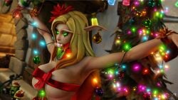 2023 3d blonde_hair blood_elf candy_cane_gag christmas christmas_gift christmas_ornaments christmas_tree elf elf_ears female gagged glowing_eyes green_eyes lights pointy_ears ribbon_bondage ribbons vell(vellektra) vellektra vibrator world_of_warcraft