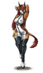 antelope anthro bovid breasts clothing cloven_hooves ewgengster_(artist) female gazelle genitals harness hi_res hooves horn jewelry latex latex_clothing latex_legwear latex_stockings legwear mammal nipple_piercing nipples panties piercing pinup pose pussy simple_background solo stockings underwear white_background