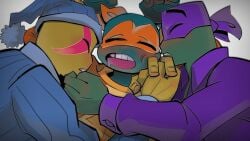 adorable bandana blush brother brothers closed_eyes cute donatello_(tmnt) duo embrace hi_res hug kerchief leonardo_(tmnt) male male/male michelangelo_(tmnt) pijama reptile rise_of_the_teenage_mutant_ninja_turtles rot_onsen scalie sfw simple_background sleeping teenage_mutant_ninja_turtles turtle white_background