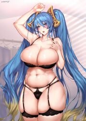 1girls arm_up bare_arms bare_shoulders belly black_bra black_garter_belt black_panties blue_eyes blue_hair blush bra breasts bursting_breasts cleavage cleavage_overflow collarbone female female_only front_view garter_belt hair_between_eyes hair_ornament hand_up highres huge_breasts league_of_legends lingerie long_hair looking_at_viewer meowx25 multicolored_hair naughty_face navel panties plump signature skindentation solo sona_buvelle thick_thighs thigh_strap thighs twintails two-tone_hair underwear very_long_hair voluptuous voluptuous_female