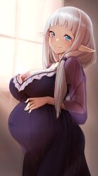 big_belly blue_eyes female grey_hair hand_on_own_stomach highres isekai_nonbiri_nouka low-braided_long_hair nipple_piercing nipple_slip nipples outie_navel piercing pointy_ears pregnant rurushi_ru smile wantsupanchi!!