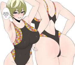 1girls armpits ass blonde_hair blue_eyes curves edmun green_hair heart-shaped_pupils izumo_tenka large_ass large_breasts mato_seihei_no_slave one-piece_swimsuit short_hair