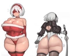 1girls android android_girl ass breasts christmas edit female front_and_back gonzalo_costa hips huge_ass huge_breasts kelvin_hiu large_breasts nier nier:_automata short_hair thick_thighs thigh_squish thighs third-party_edit white_background white_hair wide_hips yorha_2b