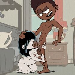 1boy 1girls aged_up alternate_version_available background bedroom big_balls big_breasts big_penis black_hair blowjob brown_hair completely_nude completely_nude_female completely_nude_male dark-skinned_male dark_skin fellatio hair_between_eyes interracial kneeling lucy_loud nickelodeon original_character pale-skinned_female pale_skin pokachu_(artist) the_loud_house tongue_out tongue_out_blowjob