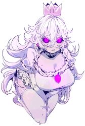 absurdres between_legs black_sclera blush boosette breasts cleavage colored_sclera colored_skin crown dda_ri elbow_gloves female furrowed_brow ghost_tail gloves hair_between_eyes hand_between_legs highres large_breasts long_hair looking_at_viewer mario_(series) new_super_mario_bros._u_deluxe nintendo puffy_sleeves purple_eyes sharp_teeth sidelocks simple_background slit_pupils solo super_crown sweatdrop teeth upper_teeth_only white_background white_gloves white_hair