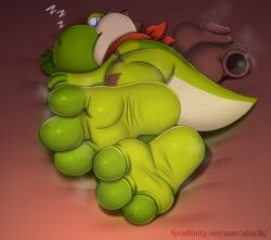 3_toes aliscik anthro bodily_fluids feet foot_fetish foot_focus hi_res male male_only mario_(series) musk nintendo sleeping soles solo sweat sweaty_feet toes yoshi