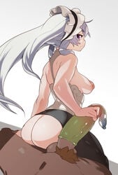 1boy 1girls ass black_legwear breasts chaika_trabant condom dark-skinned_male dark_skin erection female half-closed_eyes hitsugi_no_chaika huge_penis interracial jacqli large_penis light-skinned_female light_skin maid_headdress male_pov medium_breasts no_panties panties pantyhose penis pov pubic_hair puffy_nipples purple_eyes sideboob sitting sitting_on_person testicles thick_eyebrows torn_clothes torn_pantyhose underwear veins veiny_penis white_hair