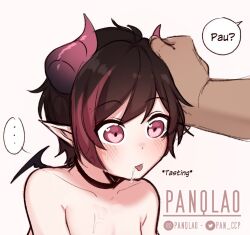 ... artist_name black_choker blush choker collarbone cum cum_in_mouth demon_horns demon_wings female horns mini_wings original pan_(panqlao) panqlao pink_eyes pointy_ears simple_background solo_focus speech_bubble tongue tongue_out watermark white_background wings